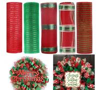 JStnana 5 Rolls Christmas Mesh Ribbon for Wreath, 10 Inch x 30FT Per Roll Metallic Foil Deco Mesh Rolls Red Green Stripe Decorative Ribbon for Christmas Tree Winter Holiday Wreath Party Decor