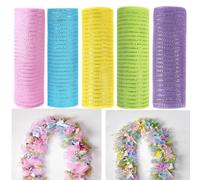 JStnana 5 Rolls Easter Mesh Ribbon for Wreath, 10 Inch x 30FT Per Roll Metallic Foil Deco Mesh Rolls Light Pink Blue Yellow Green Purple Decorative Mesh for Spring Easter Baby Shower Party Decor