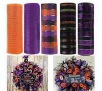 JStnana 5 Rolls Halloween Mesh Ribbon for Wreath, 10 Inch x 30FT Per Roll Metallic Foil Deco Mesh Rolls Orange Purple Black Stripe Decorative Mesh for Fall Thanksgiving Halloween Home Party Decor
