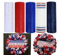 JStnana 5 Rolls Patriotic Mesh Ribbon for Wreath, 10 Inch x 30FT Per Roll Metallic Foil Deco Mesh Rolls Red White Navy Blue Decorative Ribbon for Memorial Day Party Decor