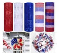 JStnana 5 Rolls Spring Summer Mesh Ribbon for Wreath, 10 Inch x 30FT Per Roll Metallic Foil Deco Mesh Rolls Red White Blue Stripe Decorative Mesh for Spring Easter Christmas New Year Party Decor