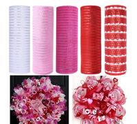 JStnana 5 Rolls Valentine Day Mesh Ribbon for Wreath, 10 Inch x 30FT Per Roll Metallic Foil Deco Mesh Rolls White Light Pink Red Snowball Decorative Mesh for Valentine's Day Wedding Party Decor