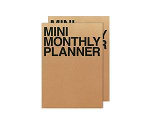JSTORY Mini Monthly Planner Set of 2 Stitch Bound Flat Lay Pocket Size Year Round Flexible Cover Goal/Time Organizer Thick Paper Eco Friendly Customizable A7 16 Months 150 GSM 18 Sheets Each Kraft