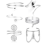 Jstyle 6Pcs Coil Upper Arm Cuff Open Arm Bracelet Bangle Stretch Bracelets for Women Egirls Gold Silver Adjustable Armband Set, Adjustable, approximately 8 cm/3.15 inches, Brass, Cubic Zirconia