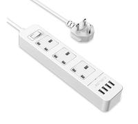 JSVER Extension Lead USB, Power Socket with 3 Outlet 4 USB Charging Station Power Strip USB with 2m Power Lead-White
