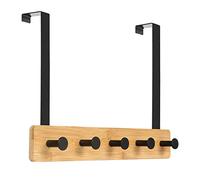 JSVER Over Door Hanger with 5 Mental Hooks Door Hooks for Bathroom Coat Rack Spacing Saving Wall Hanger Coat Hooks for Clothes, Towel, Bags,Scarfs (Wood Color)