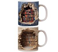 JSvsza 3D Bookshelf Coffee Mug, Library Bookshelf Mug, Book Lovers Coffee Mug,3d bookshelves hole in a wall mug, Creative Space Design Multi-Purpose Ceramic Mug, A Gift for Readers, 2PCS AB
