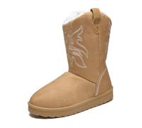 JSWEI Easy On/Off Mid Boots Keep Warm Anti Slip Faux Suede Fur Lined Outdoor Western Vibes Embroidery Women Winter Boots Camel UK 9
