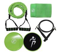 JT Fitness Home Workout Kit for Resistance and HIIT Training, Set Includes Resistance Bands with Soft Grip Handle, Double Sided Core Slider, Booty Band and Adjustable Skipping Rope