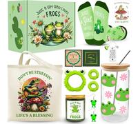 JTAMOHI 10 Pcs Frog Gifts, Frog Lovers Gifts for Women, Cute Frog Stuff with 16 Oz Frog Glass Cup Tote Bag Candle Socks Bracelet Earrings Keychain Headband Wristbands for Birthday Christmas Frog Lover