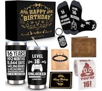 JTAMOHI 8 Pcs Happy 16th Birthday Gifts for Boys, 16 Year Old Boy Birthday Gifts Ideas with 20 Oz Tumbler, Funny Socks, Toilet Paper, Teen Wallet, Bracelet, Keychain for Son, Nephew, Grandson, Brother