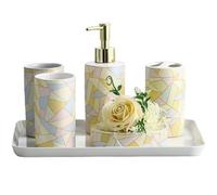 JTBDWOSK 5-Part Bathroom Accessories Set Ceramic Bathroom Set Colored Bathroom Accessories Made of Soap Dispenser Soap Shell Toothbrush Holder And 2X Toothbrush Cup (With Plastic Tray),Yellow