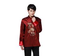 JTC Chinese Style Tai Chi Shirt Kung Fu Tops Tang Suit Men Long Sleeve Dragon Embroidered Jacket Coat Outwear (UK M-Chinese XL, Red Single Dragon)