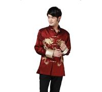 JTC Chinese Style Tai Chi Shirt Kung Fu Tops Tang Suit Men Long Sleeve Dragon Embroidered Jacket Coat Outwear (UK L-Chinese XXL, Red)