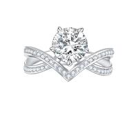 JTC LTD Round Cut 3.00CT Moissanite Engagement Ring for Women | Unique Crown Design 925 Silver Diamond Ring | Prong Halo Set Proposal Ring | Size-J