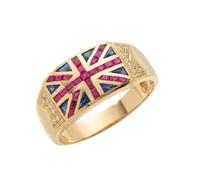 JTC LTD Union Jack Men's Ring | 1.34Ct Diamond & Gemstone Ring | 9K Yellow Gold Signet Ring | British Flag Design | Ruby & Blue Sapphire | Size-H