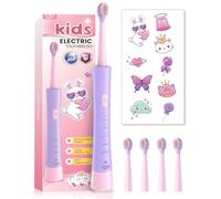 JTF Kids Electric Toothbrush 3-5-6-12, 4 Brush Heads, 5 Modes, Timer, Funny DIY Stickers, 2 Hours Charge for 45 Days, IPX7 Waterproof Toddler Rechargeable Children Sonic Toothbrush for Girls Boy