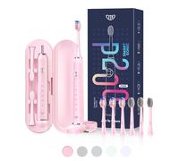 JTF Sonic Electric Toothbrush with 6 Brush Heads (2 Types) for Adults and Kids, Deep Clean Rechargeable Toothbrush, 5 Modes, 60 Day Battery & Timer, IPX7 Waterproof, Travel Case, Charging Base, Pink