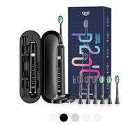 JTF Sonic Electric Toothbrush with 6 Brush Heads (2 Types) for Adults and Kids, Deep Clean Rechargeable Toothbrush, 5 Modes, 60 Day Battery & Timer, IPX7 Waterproof, Travel Case, Charging Base, Black