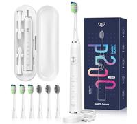 JTF Sonic Electric Toothbrush with 6 Brush Heads (2 Types) for Adults and Kids, Deep Clean Rechargeable Toothbrush, 5 Modes, 60 Day Battery & Timer, IPX7 Waterproof, Travel Case, Charging Base, White