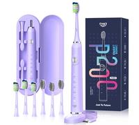 JTF Sonic Electric Toothbrush with 6 Brush Heads (2 Types) for Adults and Kids, Deep Clean Rechargeable Toothbrush, 5 Modes, 60 Day Battery & Timer, IPX7 Waterproof, Travel Case, Charging Base, purple