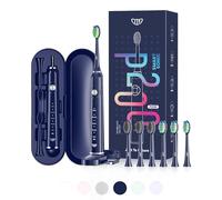 JTF Sonic Electric Toothbrush with 6 Brush Heads (2 Types) for Adults and Kids, Deep Clean Rechargeable Toothbrush, 5 Modes, 60 Day Battery & Timer, IPX7 Waterproof, Travel Case, Charging Base, Blue