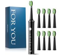 JTF Sonic Electric Toothbrush with 8 Brush Heads for Adults and Kids, 2 Hours Fast Charge for 45 Days, 5 Modes, 2-Min Timer, IPX7 Waterproof Deep Clean Rechargeable Toothbrushes for Home Travel(black)