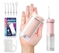 JTF Travel Water Flosser for Teeth Cordless, Mini Portable Oral Irrigator with Removable Water Tank, 4 Modes with DIY, 5 Jet Tips, Ipx7 Waterproof Dental Teeth Electric Flosser for Teeth Gums,Pink