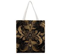 JTKBNVM Black And Golden Canvas Tote Bag with Handles Reversible Reusable Grocery Bags Foldable Carry on Tote Purse Casual Everyday Shoulder Handbag for Shopping Work Beach Market