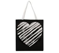 JTKBNVM Black And White Striped Heart Canvas Tote Bag with Handles Reversible Reusable Grocery Bags Foldable Carry on Tote Purse Casual Everyday Shoulder Handbag for Shopping Work Beach Market