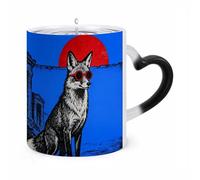 JTKBNVM Blue Square Fox Color Changing Coffee Mug 11oz Magic Ceramic Cup with Heat Sensitive Design Novelty Black to White Transformation Mug for Halloween Christmas Gifts Women Men