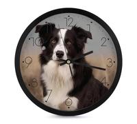 JTKBNVM Border Collie Wall Clocks Battery Operated 10 Inch Round Digital Silent Wall Clock Non-Ticking Easy to Read Clocks for Living Room Bathroom Kitchen Classroom Bedroom Office-Black