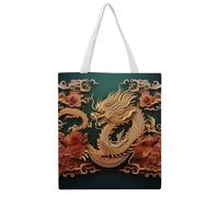 JTKBNVM Dragon Chinese Canvas Tote Bag with Handles Reversible Reusable Grocery Bags Foldable Carry on Tote Purse Casual Everyday Shoulder Handbag for Shopping Work Beach Market