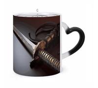 JTKBNVM Japan Samurai Sword Color Changing Coffee Mug 11oz Magic Ceramic Cup with Heat Sensitive Design Novelty Black to White Transformation Mug for Halloween Christmas Gifts Women Men