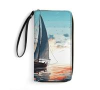 JTKBNVM Leather Wallet for Work Blue Sailboat Women Wallet Large Capacity Zip Wallet Phone Holder Clutch Travel Purse Wristlet Credit Card Holder, style, 7.8 x 4.1 x 1 inches