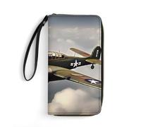 JTKBNVM Leather Wallet for Work World War 2 Aircraft Airplane Women Wallet Large Capacity Zip Wallet Phone Holder Clutch Travel Purse Wristlet Credit Card Holder, style, 7.8 x 4.1 x 1 inches