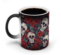 JTKBNVM Sugar Skulls And Roses Color Changing Coffee Mug 11oz Magic Ceramic Cup with Heat Sensitive Design Novelty Black to White Transformation Mug for Halloween Christmas Gifts Women Men