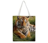 JTKBNVM Tiger Lying on The Grass Canvas Tote Bag with Handles Reversible