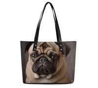 JTKBNVM Travel Animal Pug Dog Tote Bags for Women with Zipper, Leather Tote Purse Handbags, Casual Totes for Work Beach Shopping