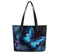 JTKBNVM Travel Galaxy Blue Butterfly Tote Bags for Women with Zipper, Leather Tote Purse Handbags, Casual Totes for Work Beach Shopping