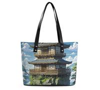 JTKBNVM Travel Japanese Architecture Tote Bags for Women with Zipper, Leather Tote Purse Handbags, Casual Totes for Work Beach Shopping