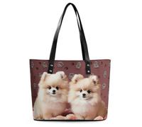 JTKBNVM Travel Pomeranians Puppies Tote Bags for Women with Zipper, Leather Tote Purse Handbags, Casual Totes for Work Beach Shopping