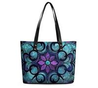 JTKBNVM Travel Stained Glass Pattern Tote Bags for Women with Zipper, Leather Tote Purse Handbags, Casual Totes for Work Beach Shopping