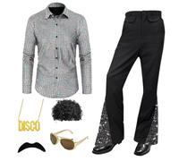 JTKDG 6PCS 70s Disco Costume Set Hippie Men Outfit with Bell Bottom Pants Shirt for 50s 60s 70s Cosplay Halloween Party (Silver, XXL)