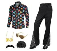 JTKDG 6PCS 70s Disco Costume Set Hippie Men Outfit with Bell Bottom Pants Shirt for 50s 60s 70s Cosplay Halloween Party (Black, XL)