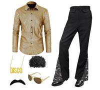 JTKDG 6PCS 70s Disco Costume Set Hippie Men Outfit with Bell Bottom Pants Shirt for 50s 60s 70s Cosplay Halloween Party (Gold, XXL)