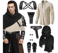JTKDG 7 Pcs Men's Halloween Renaissance Costume Set Medieval Pirate Shirt Viking Shawl Belt Shoulder Armor Sword Bag for Cosplay (XL)