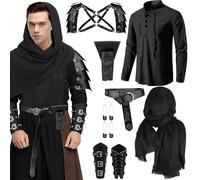 JTKDG 7 Pcs Men's Renaissance Costume Set Medieval Pirate Shirt Viking Shawl Belt Shoulder Sword Bag Armor Cosplay (XL)