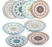 JTKDG 8 Pcs Dessert Plates, 8 Inch Bohemian Porcelain Salad Plates Small Dinner Plate Set Scratch Resistant Side Plate for Kitchen, Microwave, Oven and Dishwasher Safe