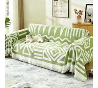 JTKDG Boho Chenille Sofa Cover, Large Woven Couch Blanket with Tassels, Decorative Anti-Scratch Sofa Protector for Dogs/Pets, Washable Sofa Slipcover for 2/3/4 Seater, L-Shape (Boho Green, 180x380cm)